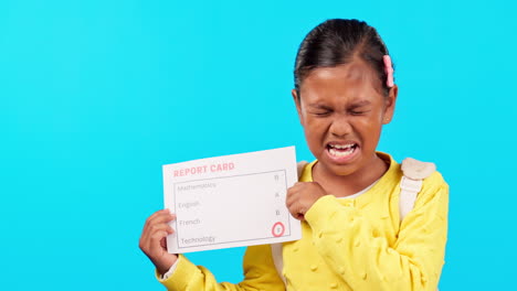report card, fail and girl crying in studio
