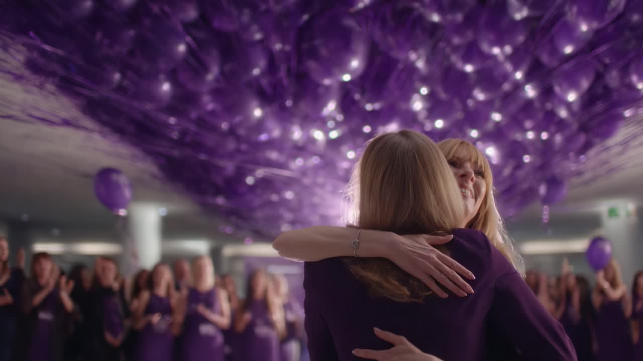 A Joyful Reunion Under a Canopy of Purple Balloons: Two Friends Embrace in Celebration Surrounded by Laughter, Light, and Supportive Peers at a Meaningful Event