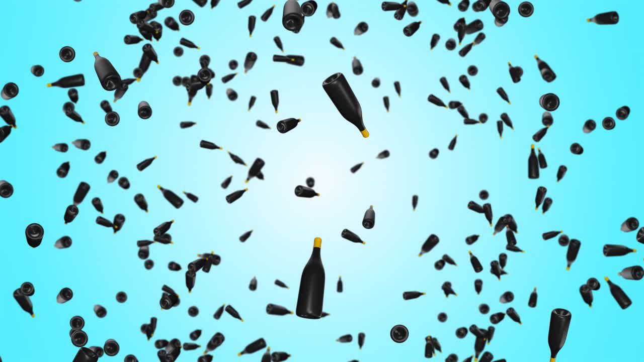 Animation of confetti falling over champagne bottle pouring elebration party tradition luxury and