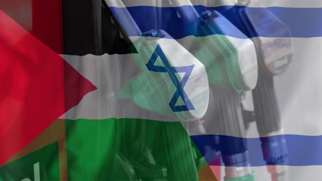 animation of oil petrol pumps over flag of israel and palestine