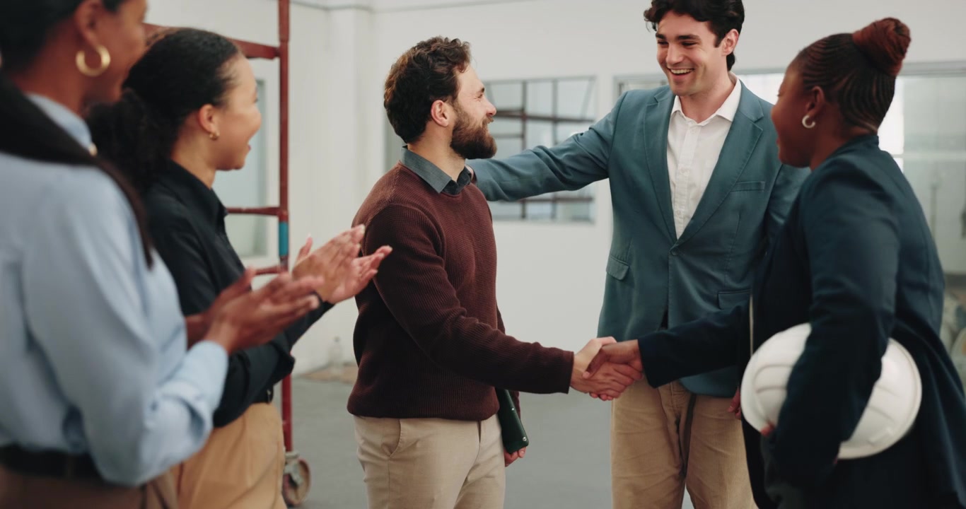 Team professionale eterogeneo che celebra il successo con una stretta di mano e applausi