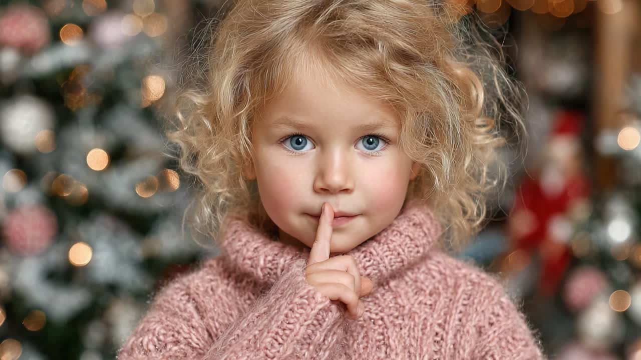 Adorable Young Girl in Cozy Sweater Giving a Silencing Gesture in a Festive Holiday Setting with Beautiful Decorations and Twinkling Lights Behind Her