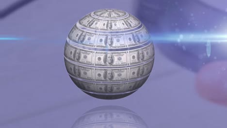 Animation-of-rotating-globe-of-dollar-bills-and-moving-beam-of-light-on-grey-background