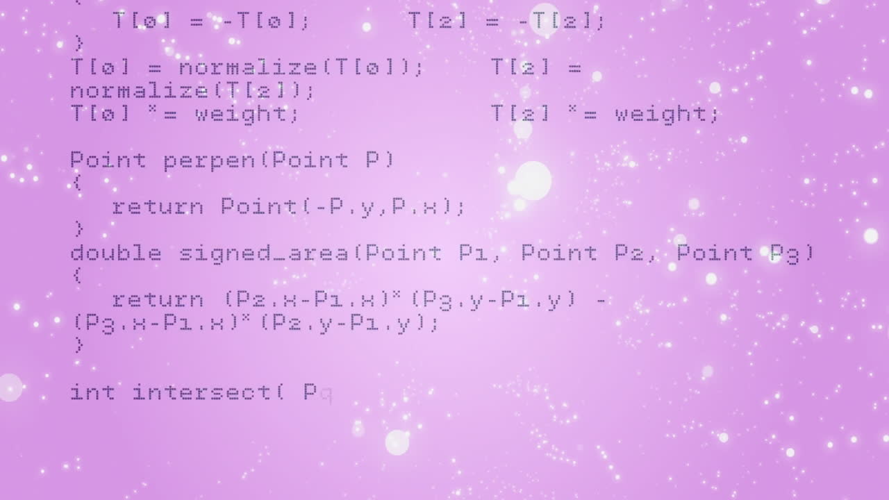 Animation of computer code on sparkling pink background with white stars