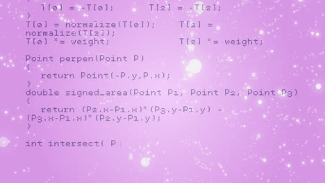 Animation of computer code on sparkling pink background with white stars