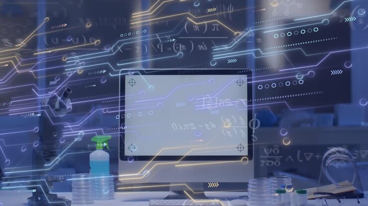 Animation of data processing and computer circuit board over computer screen with copy space