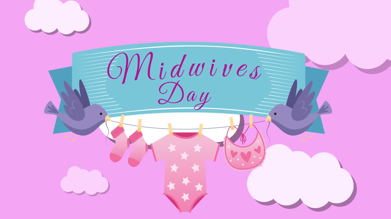 산부인과 날의 애니메이션과 아기 옷과 구름과 분홍색 배경에 새와 리본