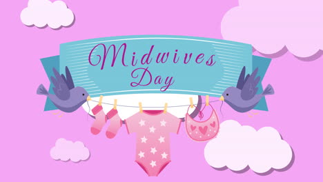 animación del día de las parteras y cinta con ropa de bebé y pájaros sobre fondo rosa con nubes