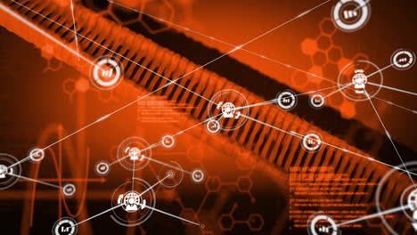 network connections and data processing animation over abstract orange background