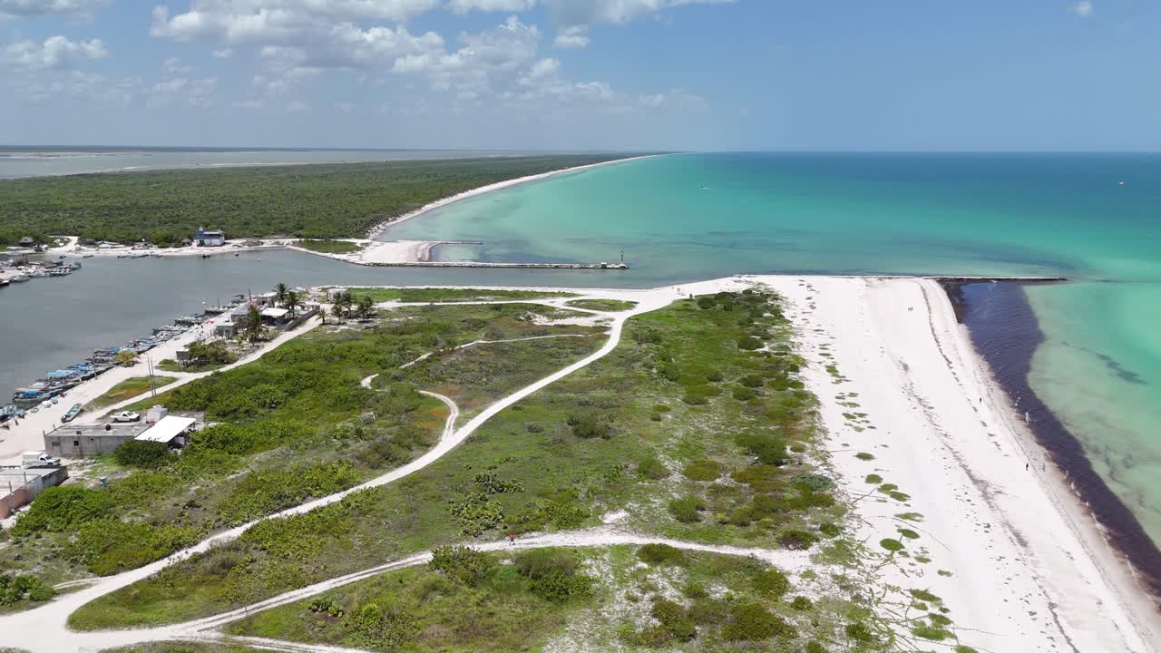 Vista aerea di una costa incontaminata nello Yucatán, Messico. Acque turchesi caraibiche incontrano una fitta giungla verde sotto un cielo estivo luminoso.