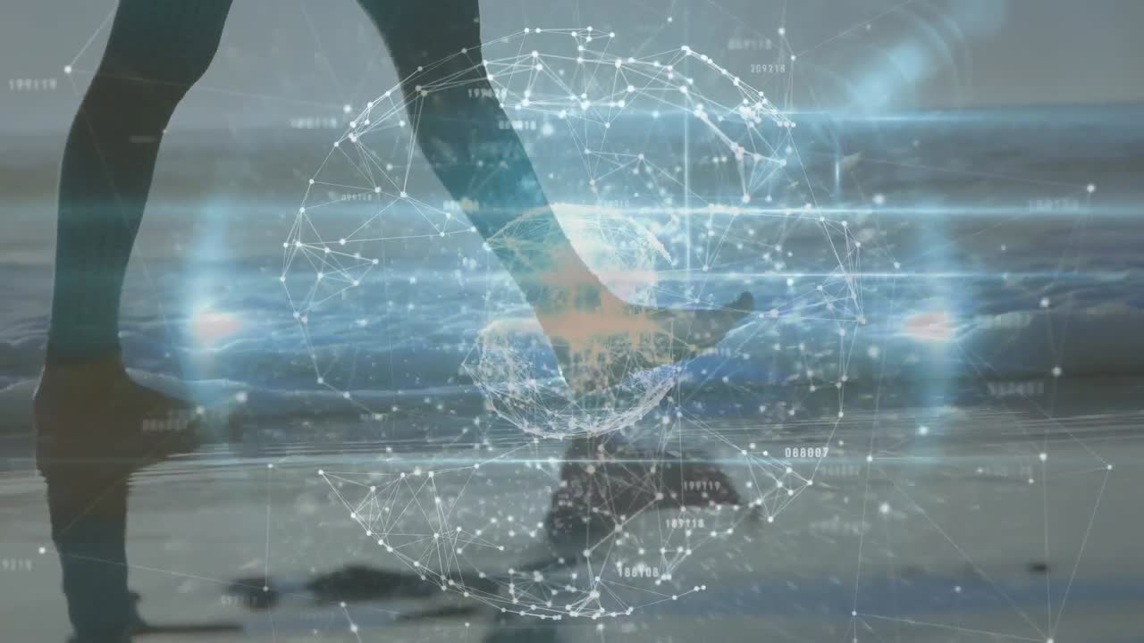 해변에서  ⁇ 고 있는 백인 여성에 대한 전 세계와의 연결 네트워크의 애니메이션