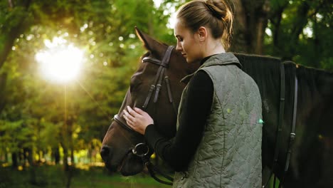 close up view of young beautiful woman petting brown horse while standing in the forest on a sunny day. lens flare