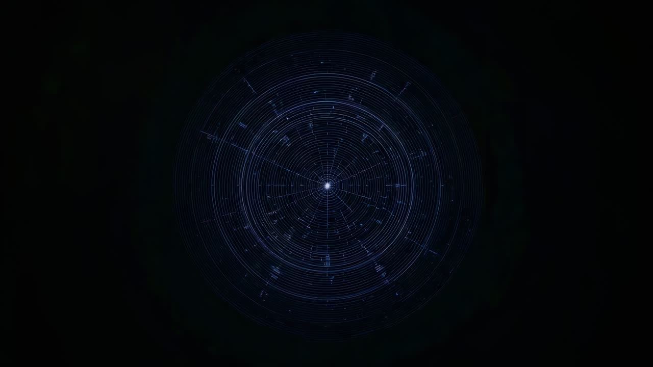 Animating blue circle on dark field across frames, forming rings, pulsing blue core node for data