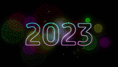 Animation-of-2023-text-over-shapes-and-fireworks-on-black-backrgound