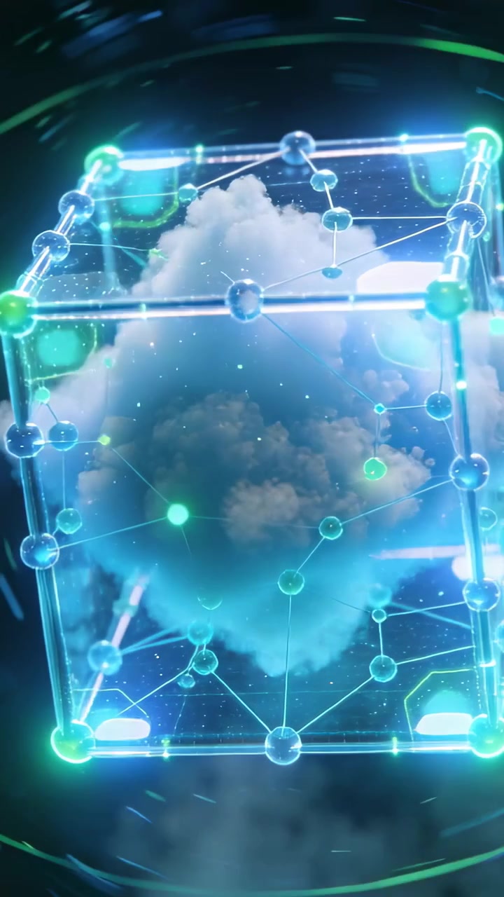 Vertical video: Orbiting camera, glass cube rotating in void, emphasizing cloud, pulsing nodes
