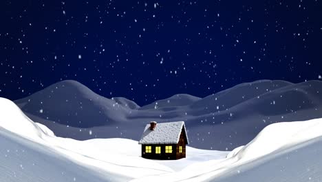 Animation-of-christmas-snow-falling-over-illuminated-house-in-winter-night-landscape