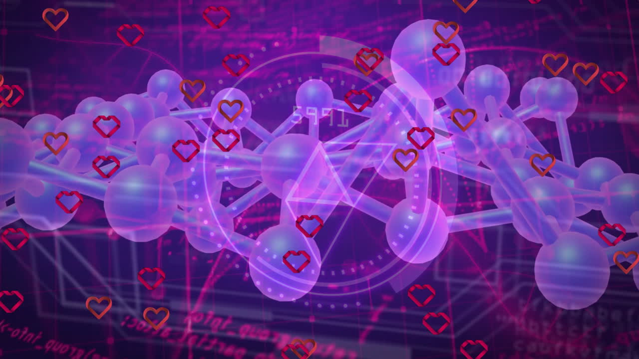 Animation of DNA strand with heart icons on digital molecular background
