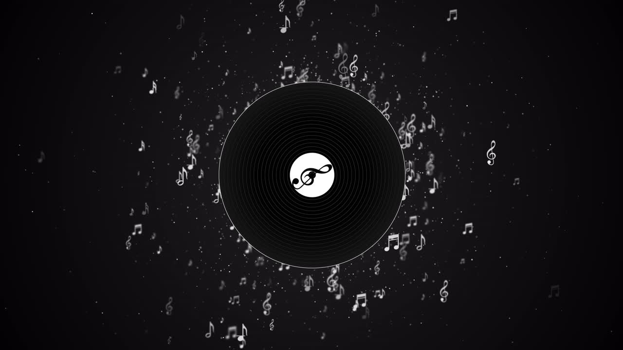 Creative animation showing a central music icon surrounded by floating symbols of notes ideal for