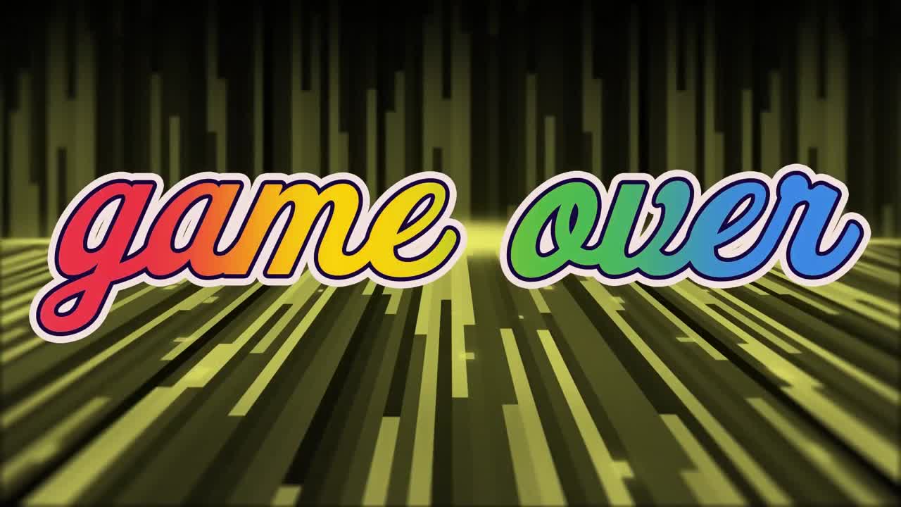 animación de juego retro sobre texto de arco iris sobre rayas verdes brillantes en el fondo