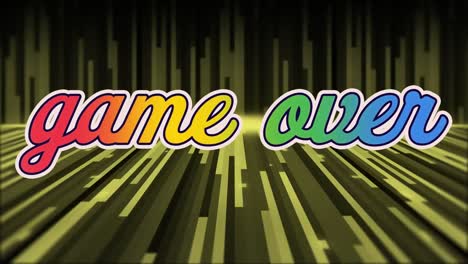 Animation-Eines-Retro-Spiels-über-Regenbogentext-über-Leuchtend-Grünen-Streifen-Im-Hintergrund