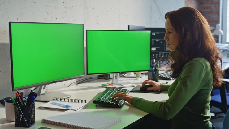 Nahaufnahme: Programmierer tippt Codes in einen Computer-Mockup in einem Arbeitsraum. IT-Frau codiert