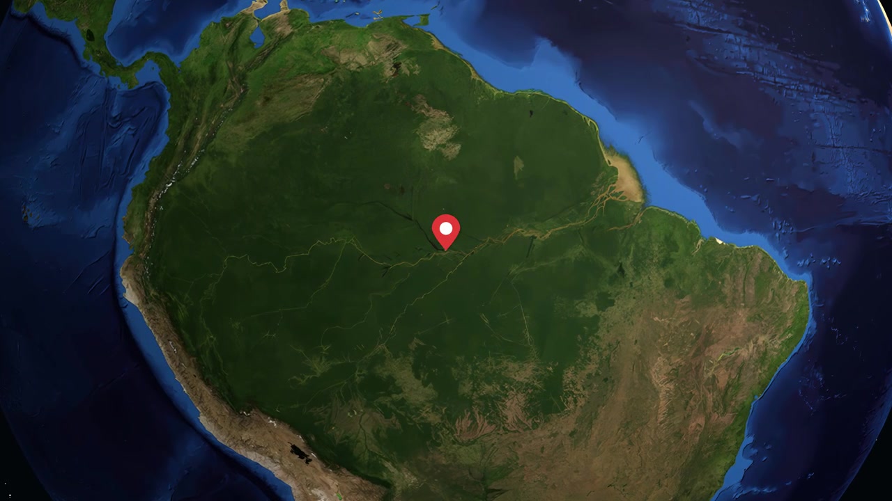 Digital animation zooms from space into Manaus, Brazil, displaying regional information and location pin