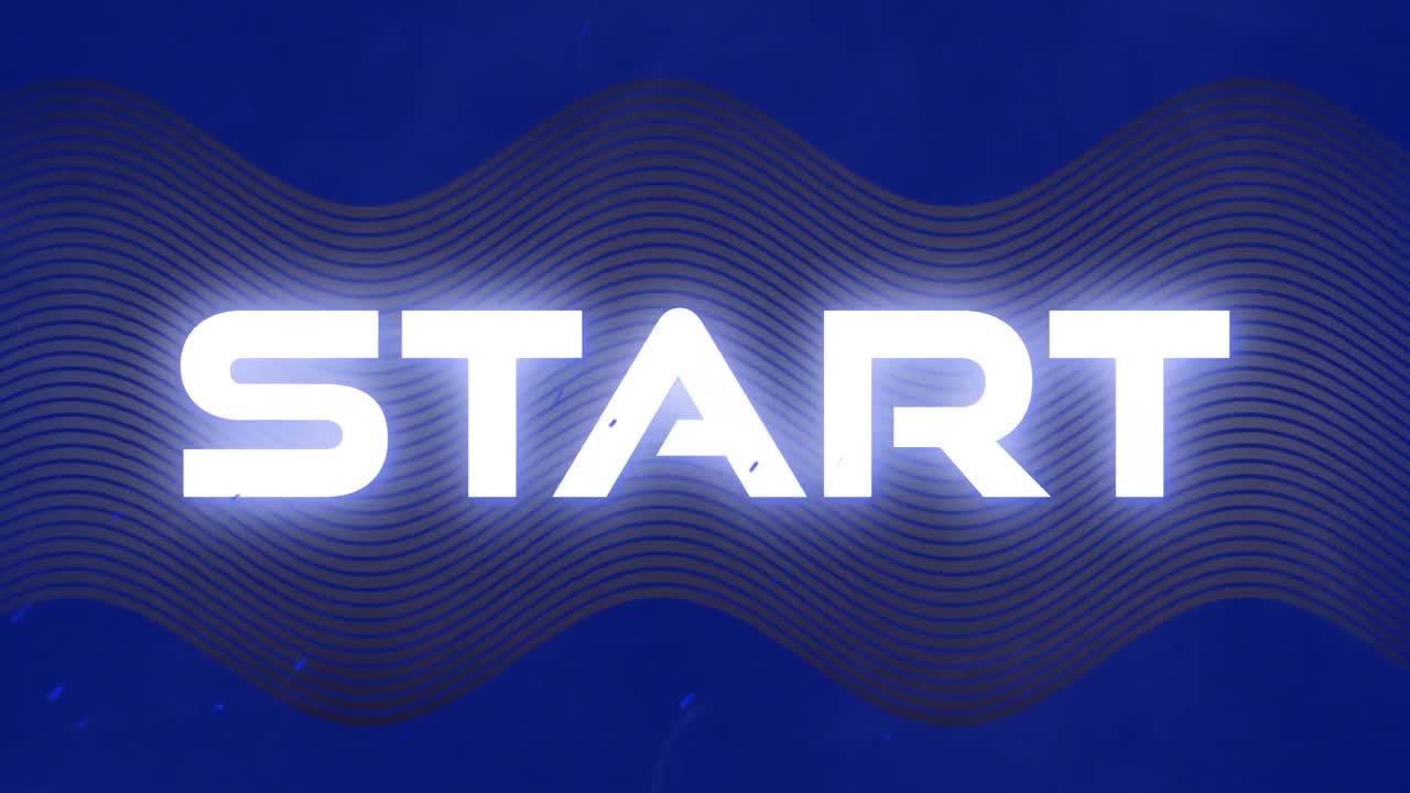 animación del comienzo del texto blanco, sobre líneas onduladas grises sobre fondo azul