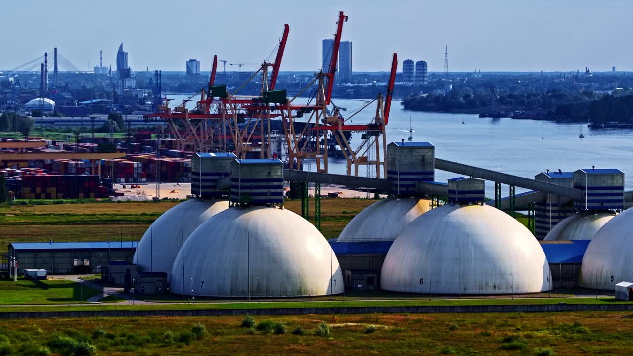 Large dome silos Riga Fertilizer Terminal an industrial port area in Riga, Latvia