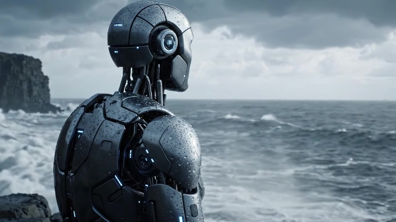 Un robot futuristico solitario osserva le onde turbolente dell'oceano, contemplando l'esistenza e i misteri della natura contro un cielo drammatico sulla costa rocciosa