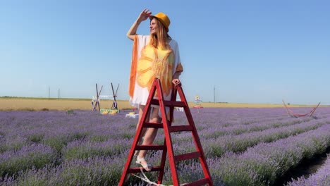 Young-woman-on-red-wooden-ladder-looks-around-playfully-at-lavender-field