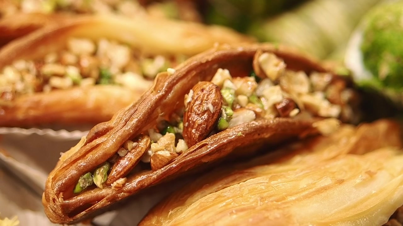 Close-up of Traditional Golden Pastry Filled with Nuts