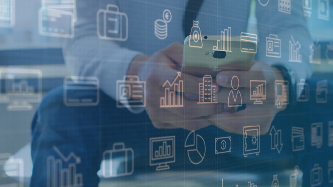 Using smartphone, businessman viewing financial data with technology icons overlay