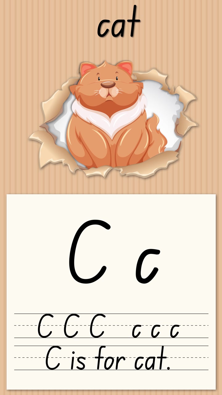 Animazione educativa verticale che dimostra come scrivere la lettera C usando un gatto dei cartoni animati e linee per la scrittura a mano
