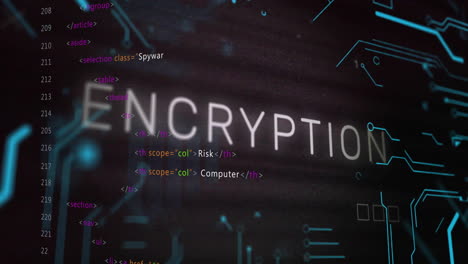 animation of encryption text over data processing on black background