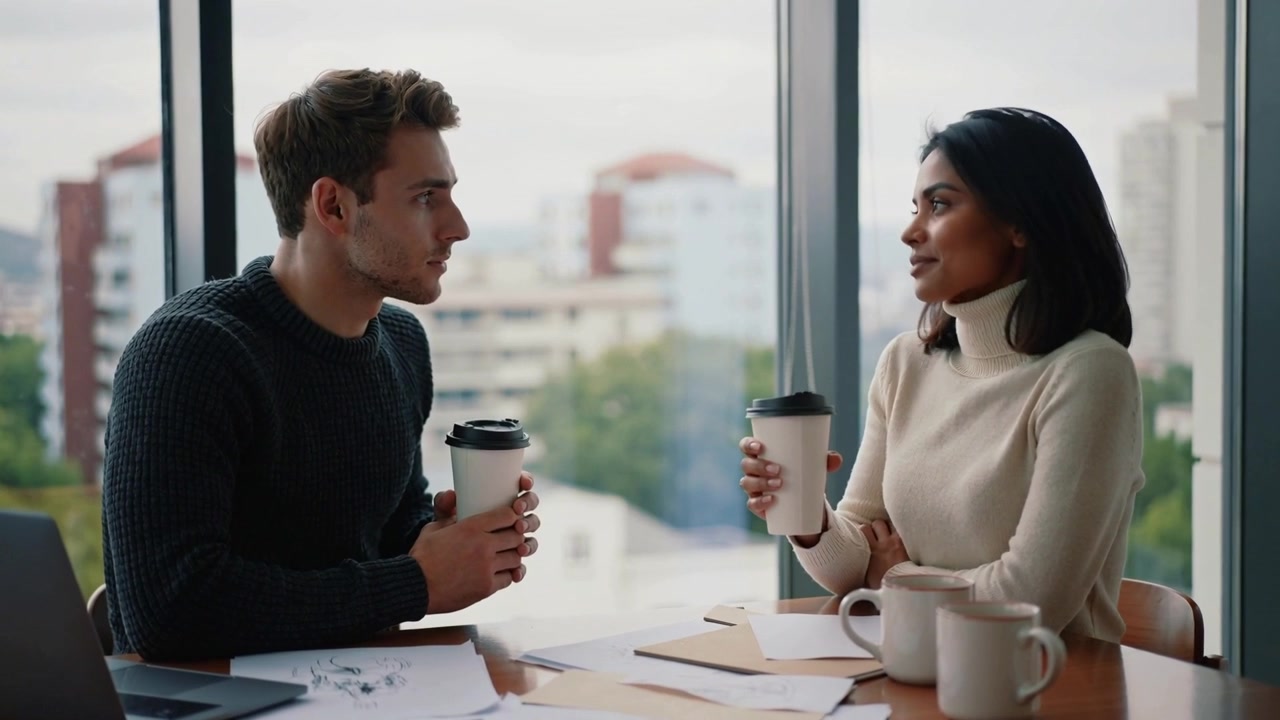 Talking coworkers wearing sweaters after laptop opening, reviewing papers and holding to-go cups
