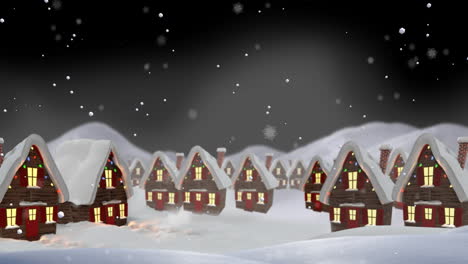 animation of snow falling over christmas winter scenery with houses background