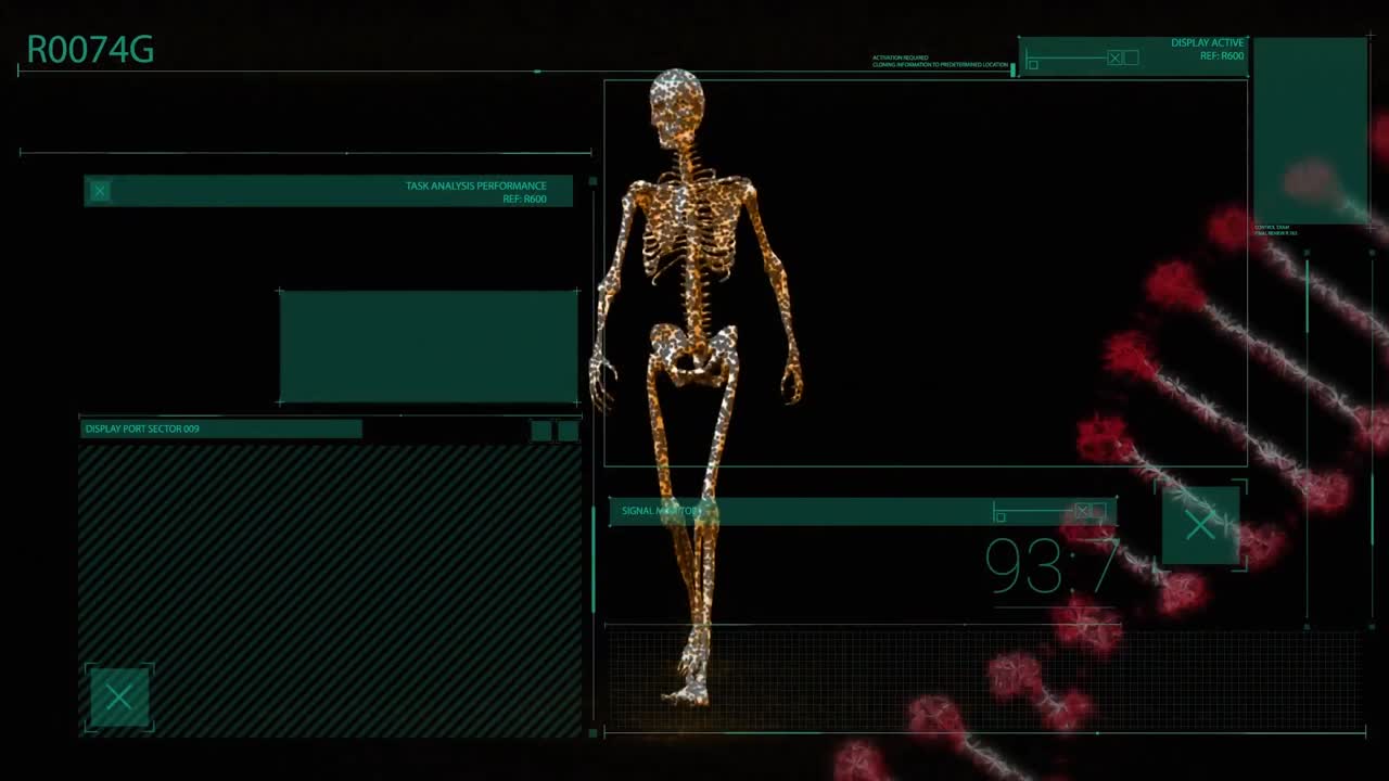 데이터 처리 및 dna 가닥 위의 골격의 애니메이션