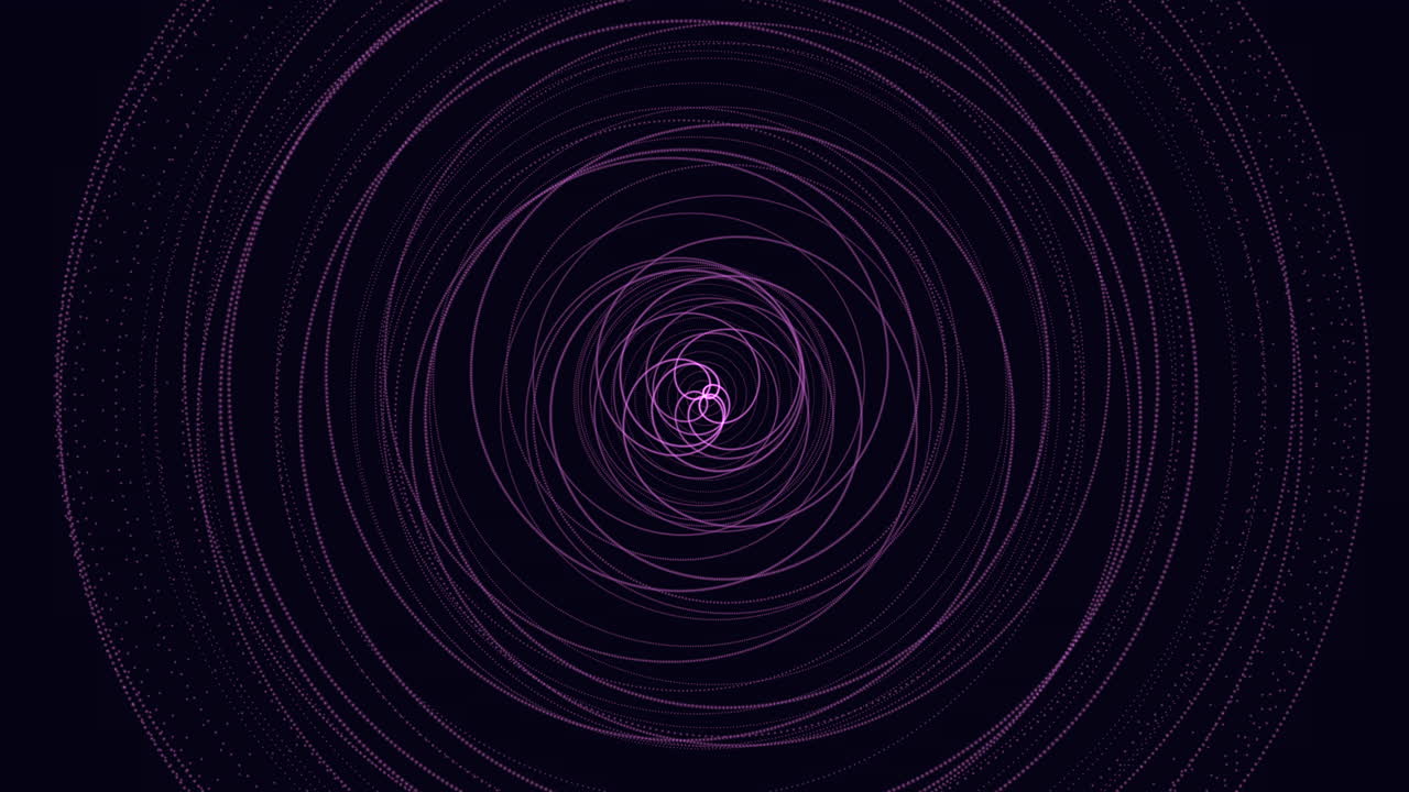 Vortice digitale astratto composto da punti viola luminescenti e linee circolari che vorticano verso il centro su uno sfondo scuro, ideale per fantascienza, tecnologia, dati e motion design.