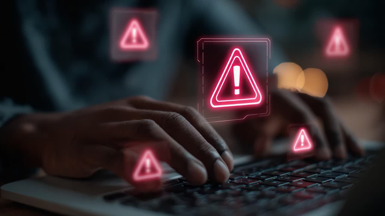 A close-up view of hands typing on a keyboard surrounded by digital warning alerts, illustrating the concepts of cybersecurity, caution, and computer communication