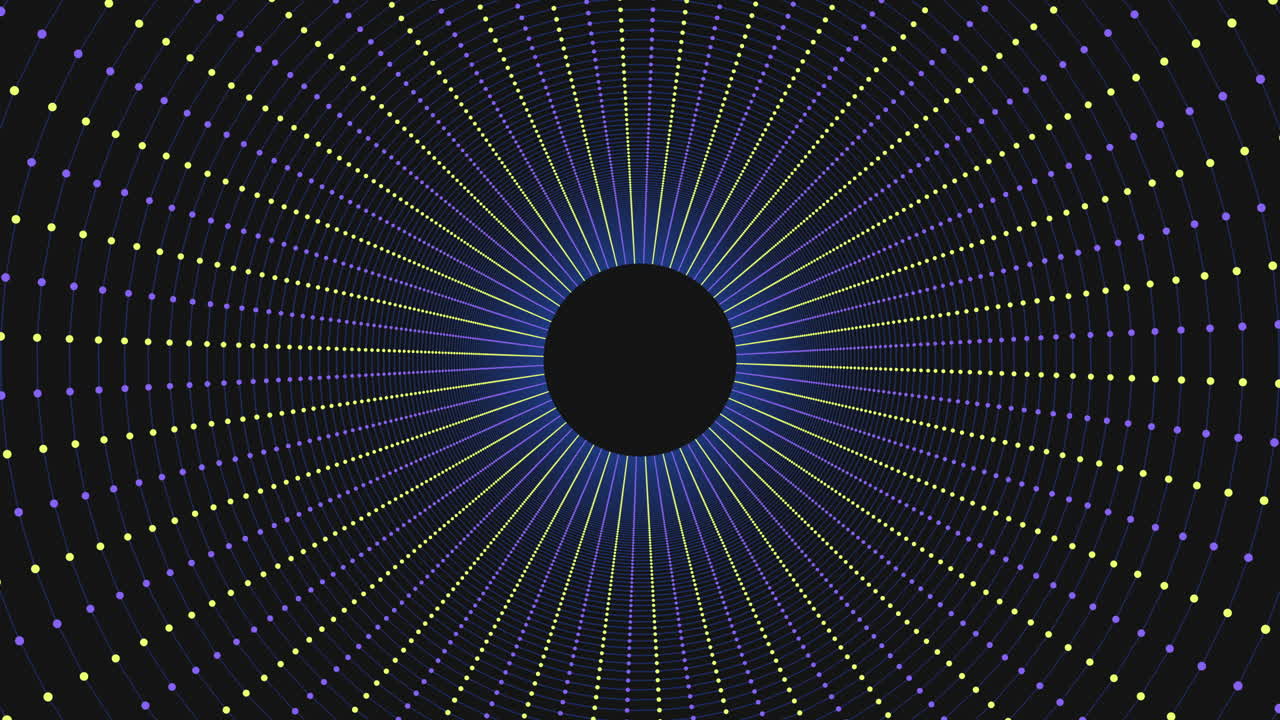 방사하는 파란색과 노란색 선이 검은색 원으로 수렴합니다.