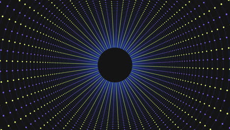 radiating blue and yellow lines converge on black circle