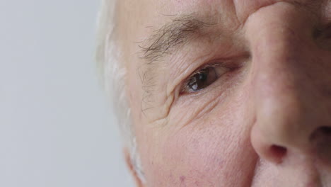 close-up-of-senior-man-eye-looking-surprised-half-face-on-white-background