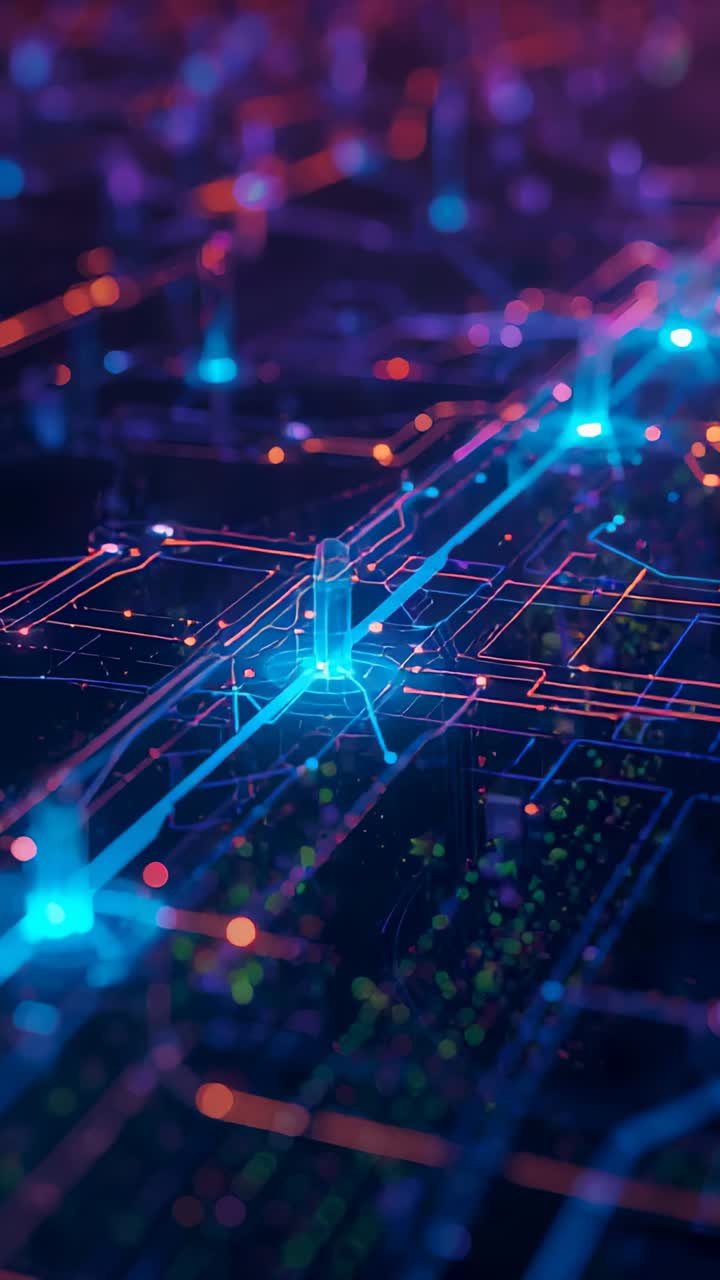 Vertical video: Traveling cyan pulse along main trace on dark grid, raising pillars marking flow