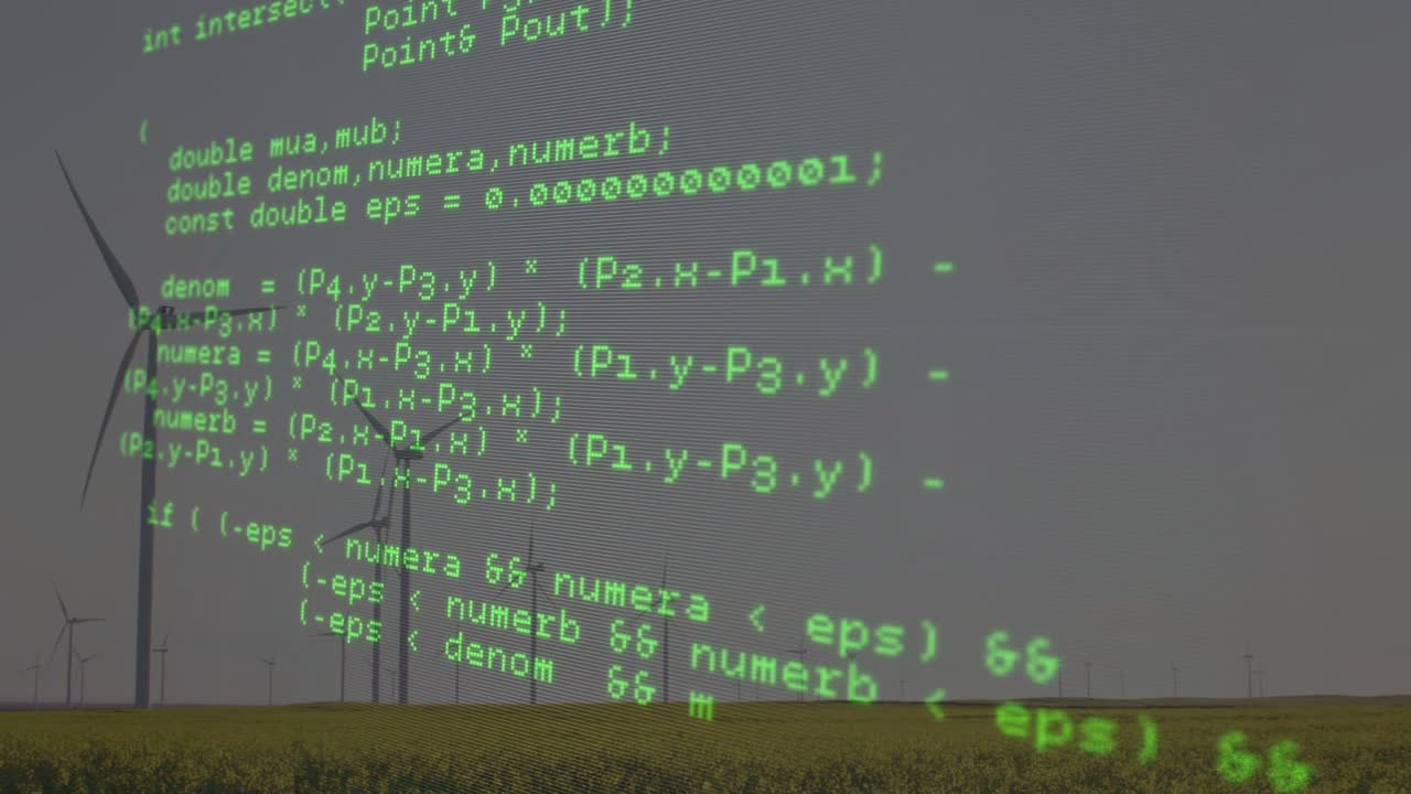 HTTP request initiating green code overlay for tech demo, scrolling across wind turbines and fields