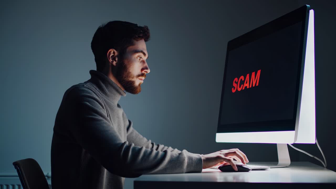 늦은 저녁 시간 동안 희미하게 조명 된 작업 공간에서 중요한 디지털 보안 경고를 드러내는 컴퓨터 화면을 집중적으로 쳐다보는 걱정 사무실 전문가