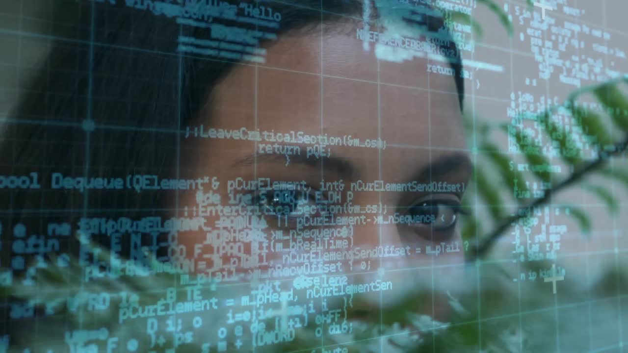 procesamiento de datos a través de la red de cuadrícula contra el acercamiento de los ojos de la hembra