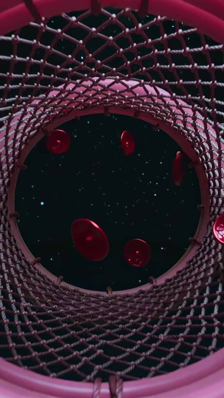 Vertical video: Approaching opening, red discs passing through rope tunnel pink rings showing stars