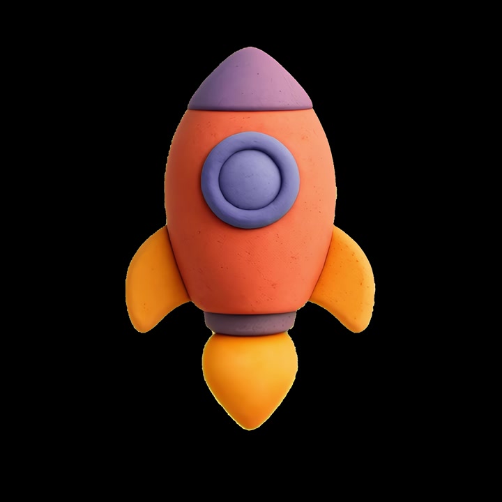 3D Animated Clay Style Rocket Ship Floating Against Black Background