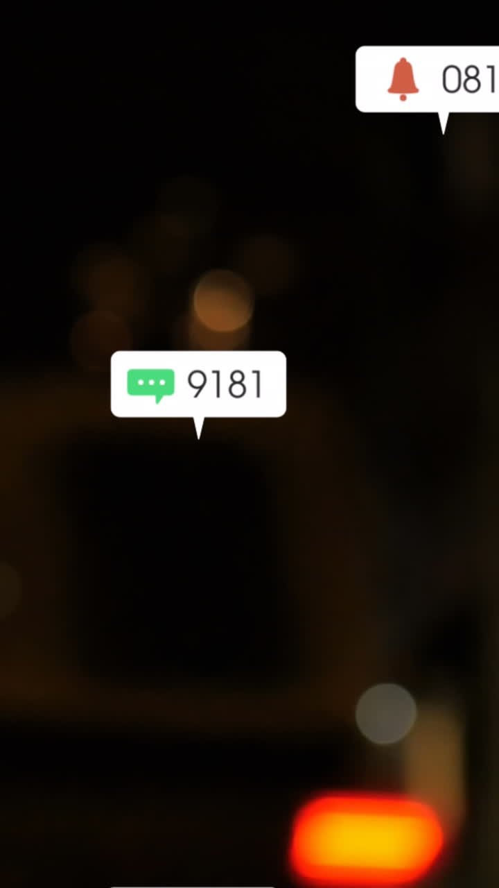 Animazione di icone e numeri dei social media su semafori sfocati
