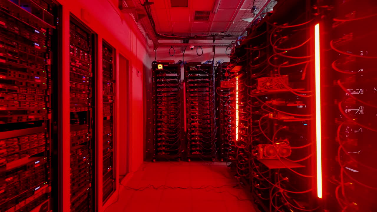 Multiple servers with flashing red lights in a data center